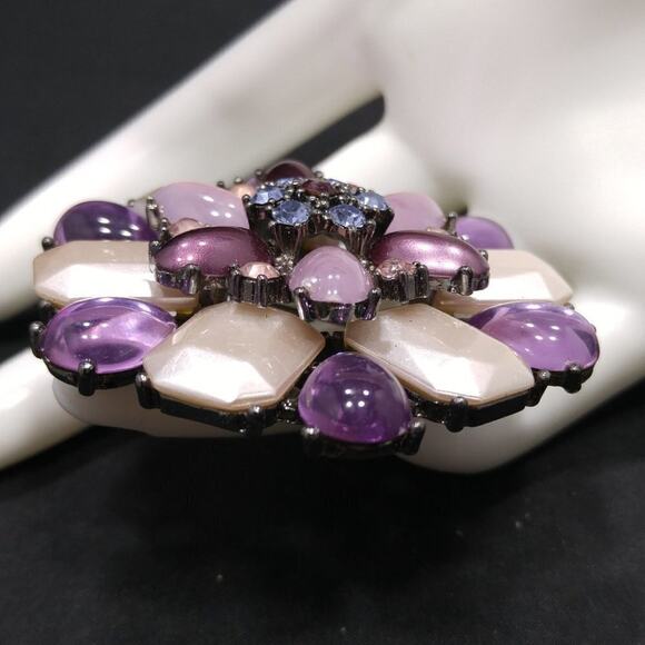 Purple White Cabochons Gunmetal Gray Brooch, Lavender Purple Rhinestones, 2 1/2" - Picture 3 of 6